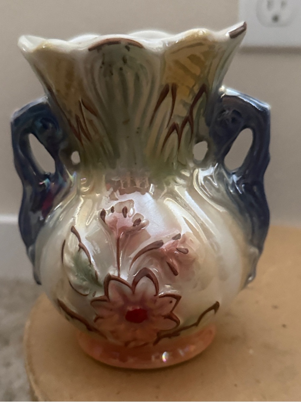 Iridescent Floral Ceramic Vase in Cream, Pink & Blue